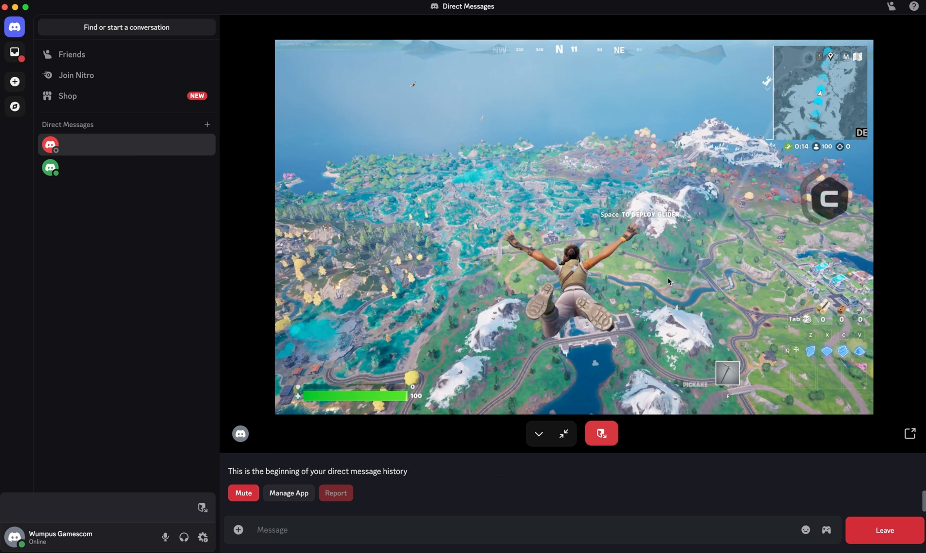 Image demonstrating the Fortnite streaming within the Discord Client.